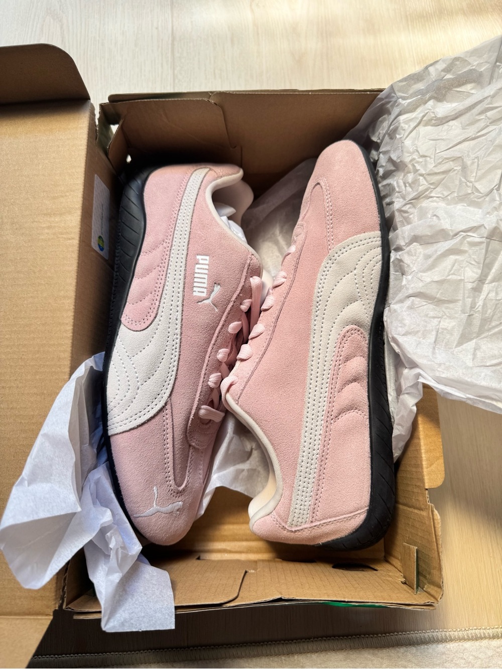 Puma Women’s Pink Suede Sneakers with Cream Stripe